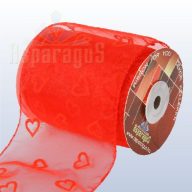 ORGANZA SZALAG DRÓTOS 10CMX10M/ PIROS SZÍVES